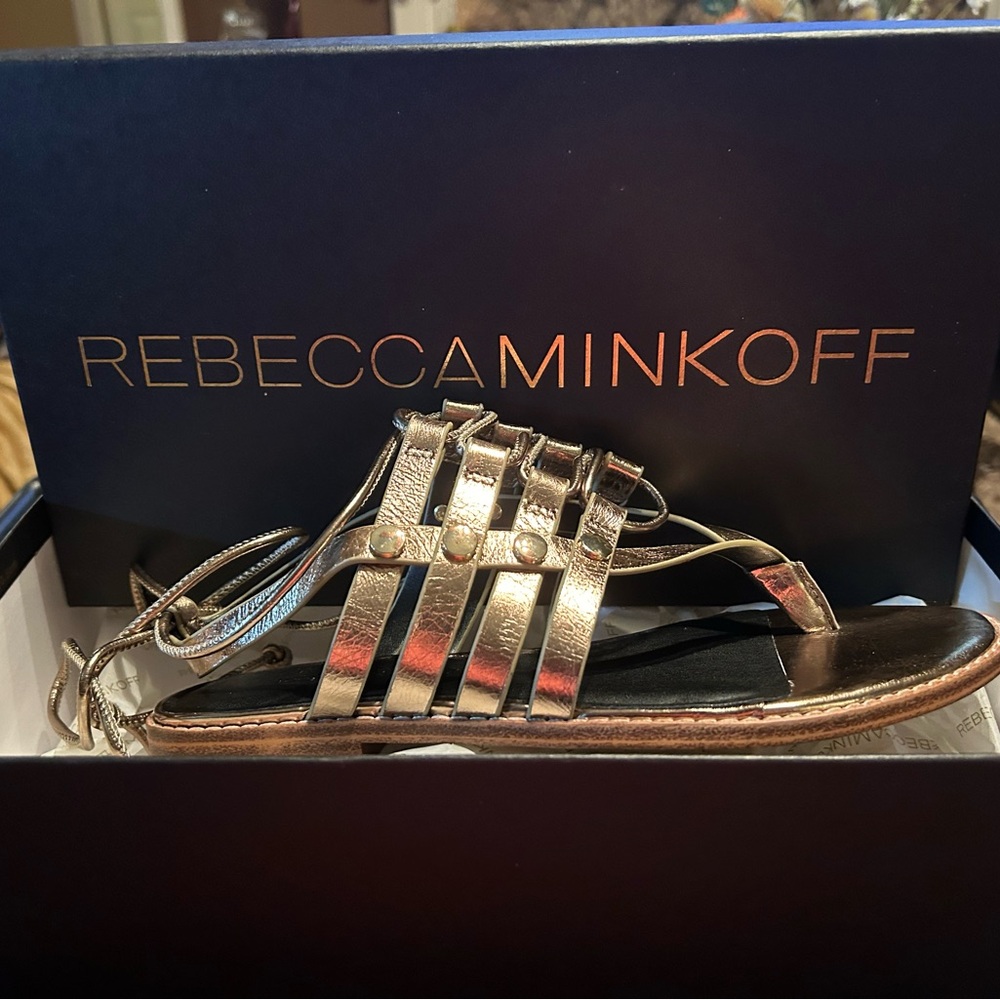 Rebecca Minkoff gold tie up the leg sandals. New in Box size 6.